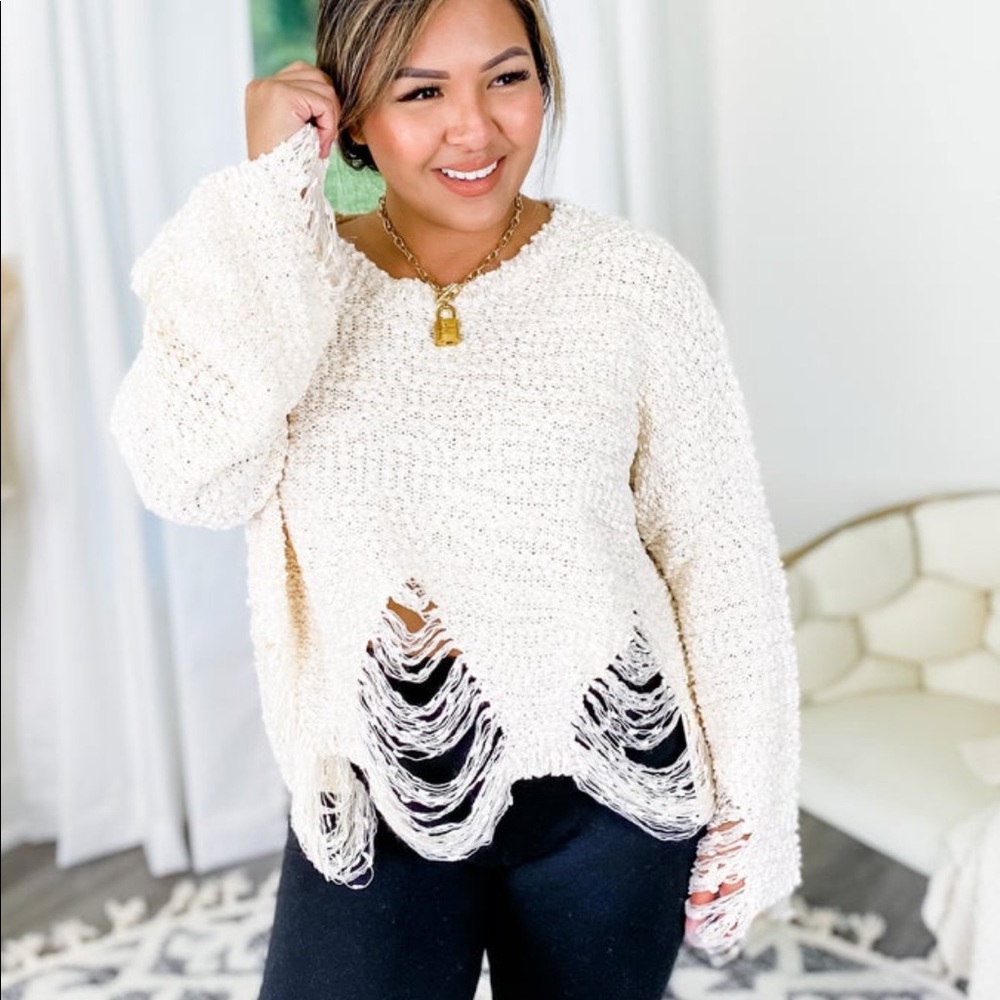 Pol distressed popcorn sweater cream ivory medium